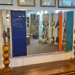 Retro 1970's Wall Mirror Decorated With Orange, Blue And Turquoise Bands