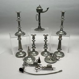 Group Pewter Candlesticks, Chambersticks &Snuffers