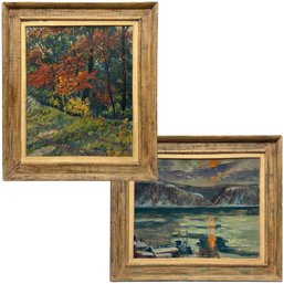 E. Holm - Two Landscape Paintings: Autumn Trees And Sunset, 20th Century