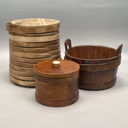 Primitive Wood Bucket, Circular Box & Cover & Firkin