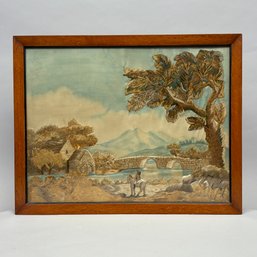 English Or American Needlework, Chenille, Watercolor And Silk Picture, 19th Century