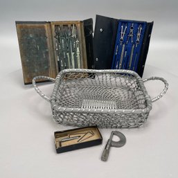 Metal Basket, Two Sets Drafting Tools & Micrometer