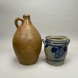 Continental Stoneware Jug And A Cobalt Blue-Decorated Crock, 19th - Early 20th Century