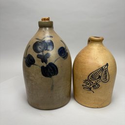 Two American Saltglaze Stoneware Cobalt Blue-Decorated Jugs, 19th Century