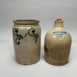 American Saltglaze Stoneware Cobalt Blue-Decorated Crock And A Salem, Massachusetts Jug, A.B. Gardner