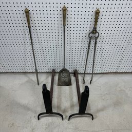 Pair Cast And Wrought-Iron Andirons & Set Of Tools