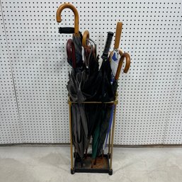 Brass Umbrella Stand, Nine Umbrellas & A Polo Seat