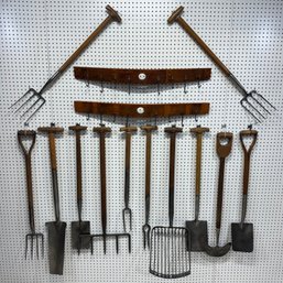 Twelve Farm & Gardening Tools & Two Hanging Racks