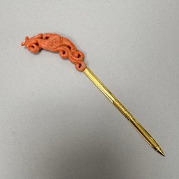 Chinese Yellow Gold And Carved Coral Phoenix Hairpin