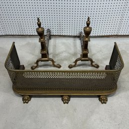 Pair Chippendale Brass Andirons & Firescreen