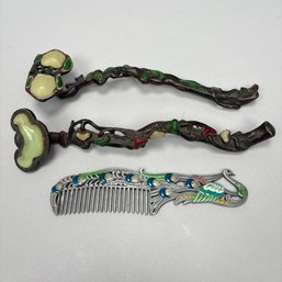 Two Chinese Bronze And Hardstone-Mounted Ruyi Head Scepters And An Enamelled Peacock Comb