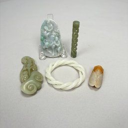 Five Chinese Carved Nephrite Jade And Hardstone Ornamental Objects