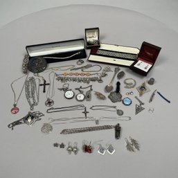 Group Of Sterling Silver Jewelry, Medals, Novelty Items