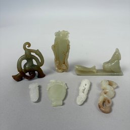 Seven Chinese Carved Nephrite Jade And Hardstone Ornamental Objects