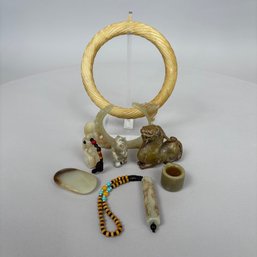 Eight Chinese Carved Nephrite Jade And Hardstone Ornamental Objects