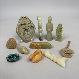 Eleven Chinese Carved Nephrite Jade And Hardstone Ornamental Objects