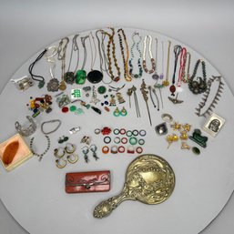 Group Of Assorted Jewelry, An Art Nouveau Hand Mirror & An Edward VII Silver-Mounted Leather Accordion Wallet