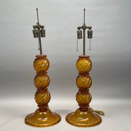 Pair Of Amethyst Glass Spiral Molded Table Lamps