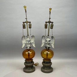 Pair Of Cast-Metal And Glass Eagle Table Lamps