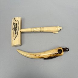 Deer Antler Fid With Knife, And A Scrimshaw Seam Rubber