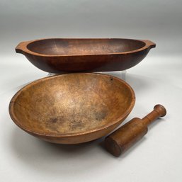 American Wooden Trencher, A Bowl And A Mortar