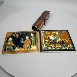 Pair Of Chinese Earthenware Sancai-Glazed Plaques And A Modern Silk On Paper Scroll