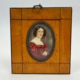 Miniature Oval Portrait Of A Lady In A Red Dress, Mid-19th Century