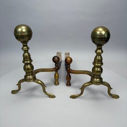 Pair Of Federal Brass Ball-Top Andirons, Early 19th Century