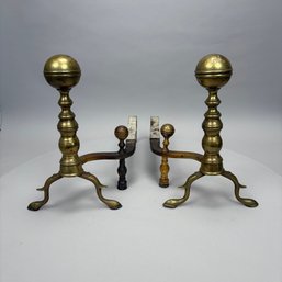 Pair Of Federal Brass Ball-Top Andirons, Early 19th Century