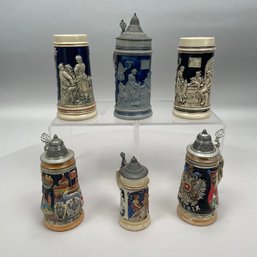 Six German Pottery Steins, Various Makers