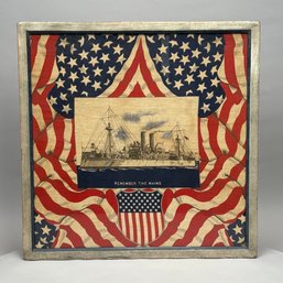 'REMEMBER THE MAINE' Framed Cotton Bandana Commemorating The Spanish-American War