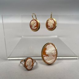 18k Gold Cameo Brooch, Pair Of Earrings & 9k Ring