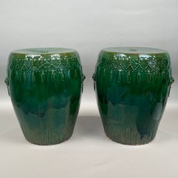 Pair Of Green Glazed Earthenware Garden Seats