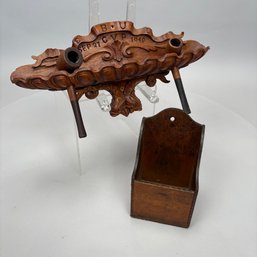 Carved Walnut Presentation Pipe Rack, 1940, Two Pipes And A Pyrography Salt Box