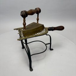 Brass And Wood Sad Iron And A Brass Fireplace Trivet, 19th Century
