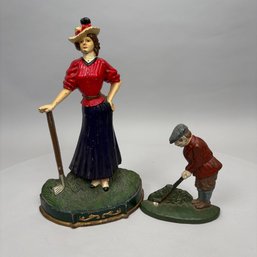 Painted Cast-Iron Putting Golfer And Lady Golfer, 20th Century