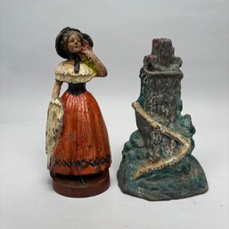 Painted Cast-Iron Woman With Shawl And Castle Doorstops, Both The Albany Foundry Co., 1897-1932