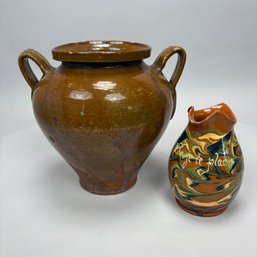 French Glazed Stoneware Pitcher And A Jar