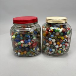 Large Collection Of Assorted Vintage Marbles, Contained In Two Glass Jars