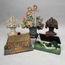 Three Painted Cast-Iron Floral And Cottage Doorstops, 20th Century
