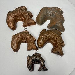 Five Tin-Lined Copper Jumping Fish Molds, 20th Century