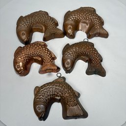 Five Tin-Lined Copper Jumping Fish Molds, 20th Century
