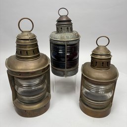 Galvanized Metal Port And Starboard Ship's Lantern And Two Brass Lanterns