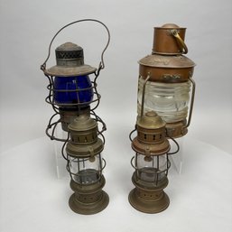 Armspear Railroad Lantern And Three Ship's Lanterns, Late 19th-Early 20th Century
