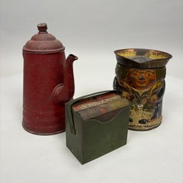Two English Biscuit Boxes, Huntley & Palmer's, Circa 1900, And An American Steel Coffeepot, Extra Agate, 1940s