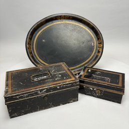 Two Tin Painted And Gilt Stencilled Black Document Boxes And A Tray, Late 19th-Early 20th Century