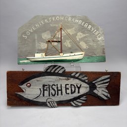 Nautical Painted Wood Half-Hull Souvenir And A Tin Sign, 20th Century