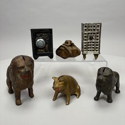 Six American Cast-Iron Still Or Penny Banks, Late 19th-20th Century