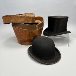 Gentleman's Beaver Fur Top Hat, Dunlap & Co., NY, In Leather Case & A Derby Hat, Knox Hatters, Both 1880-1900