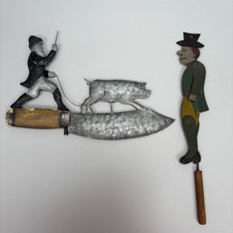 Folk Art Painted Tin Limberjack And A Butcher Sign